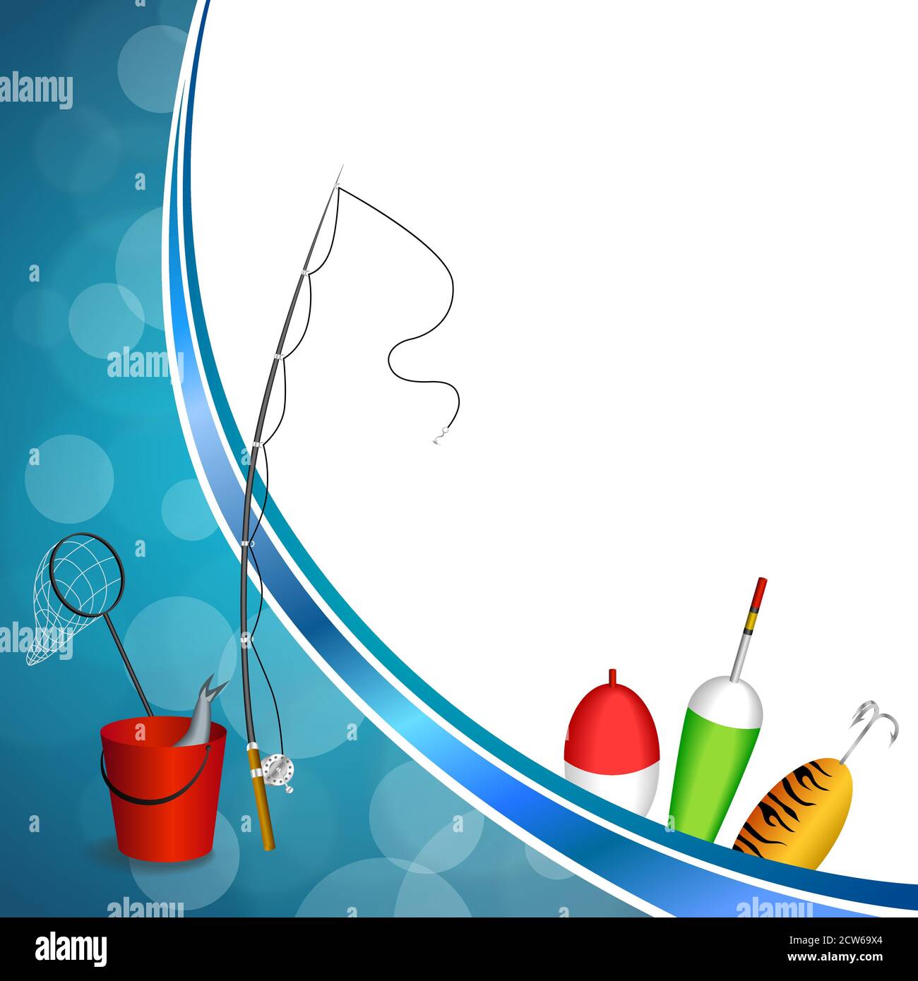 Background abstract blue white fishing rod red bucket fish net float spoon  yellow green frame illustration vector Stock Vector Image & Art - Alamy
