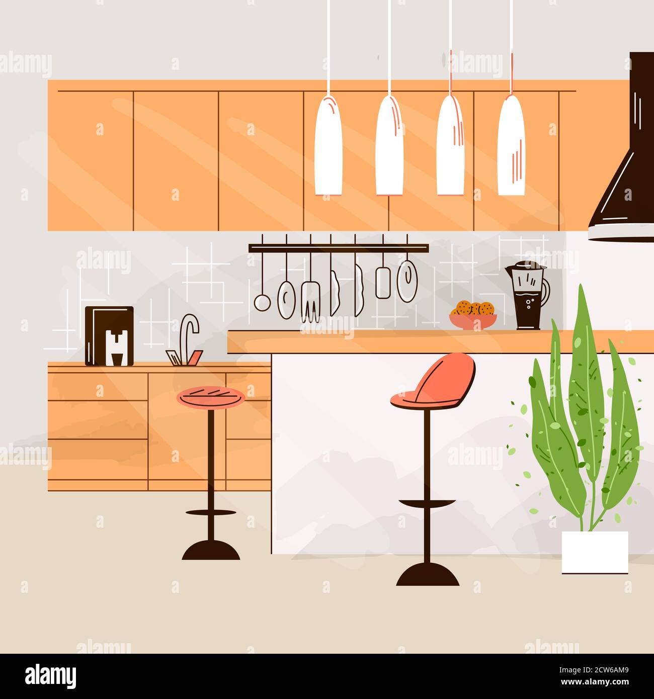 Vector flat illustration of Modern Kitchen Interior Empty No People House Room with kitchen furniture, table, chairs and cooking table. Stock Vector