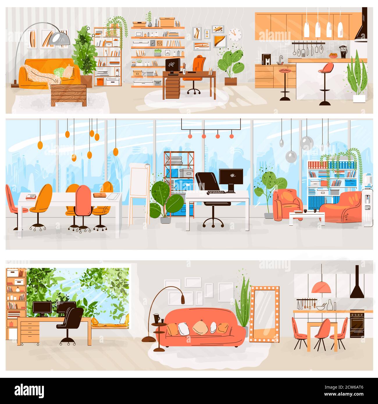 Vector flat set of home and office interior - Living room interior, kitchen, office work place, Comfortable sofa, TV, window, chair and house plants Stock Vector