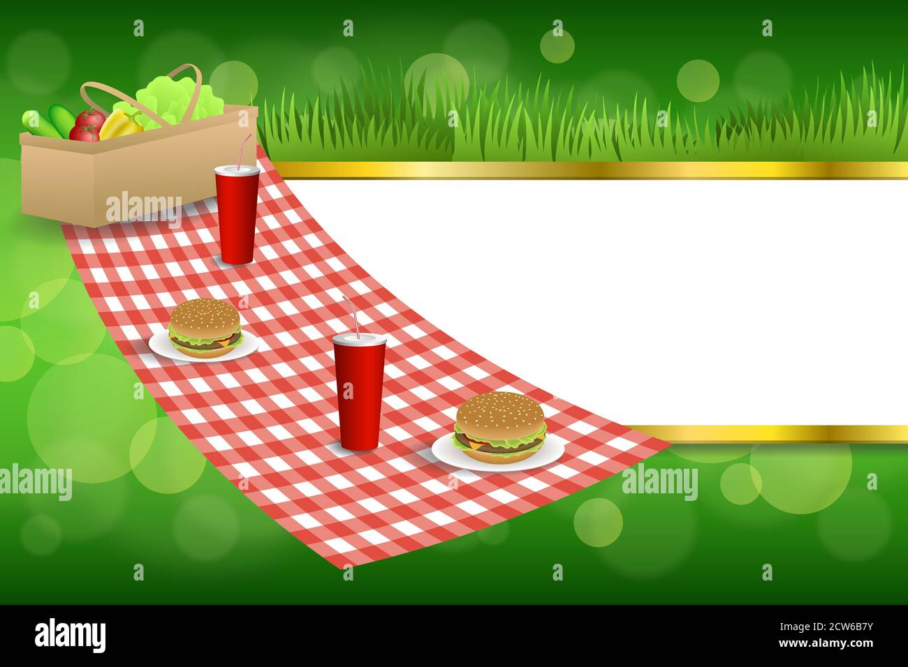 Background abstract green grass picnic basket hamburger drink vegetables gold stripes frame illustration vector Stock Vector