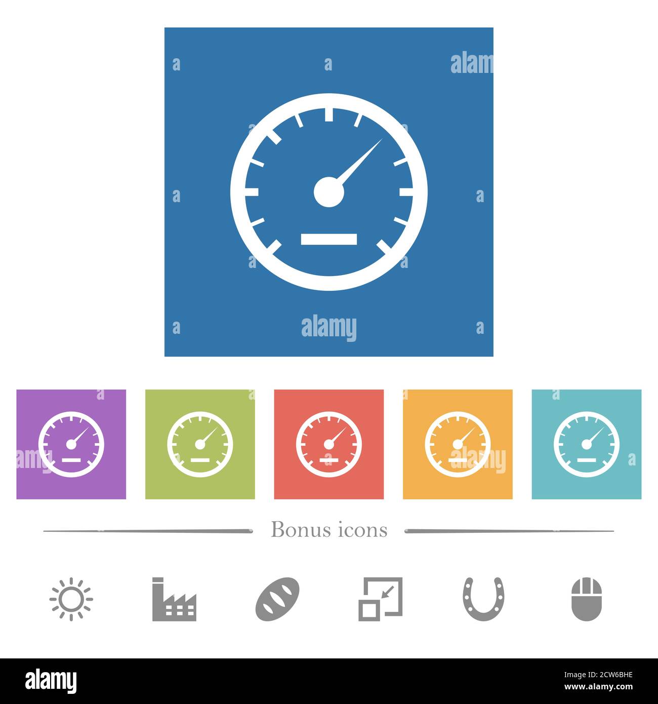 Speedometer flat white icons in square backgrounds. 6 bonus icons ...