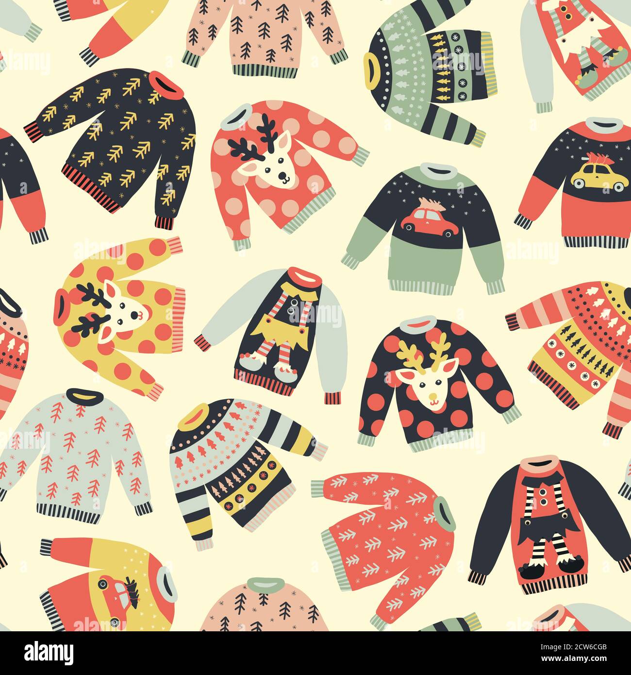 Seamless pattern Ugly Christmas sweaters. Repeating vector holiday vintage background. Knitted winter jumpers with Norwegian ornaments and decorations Stock Vector