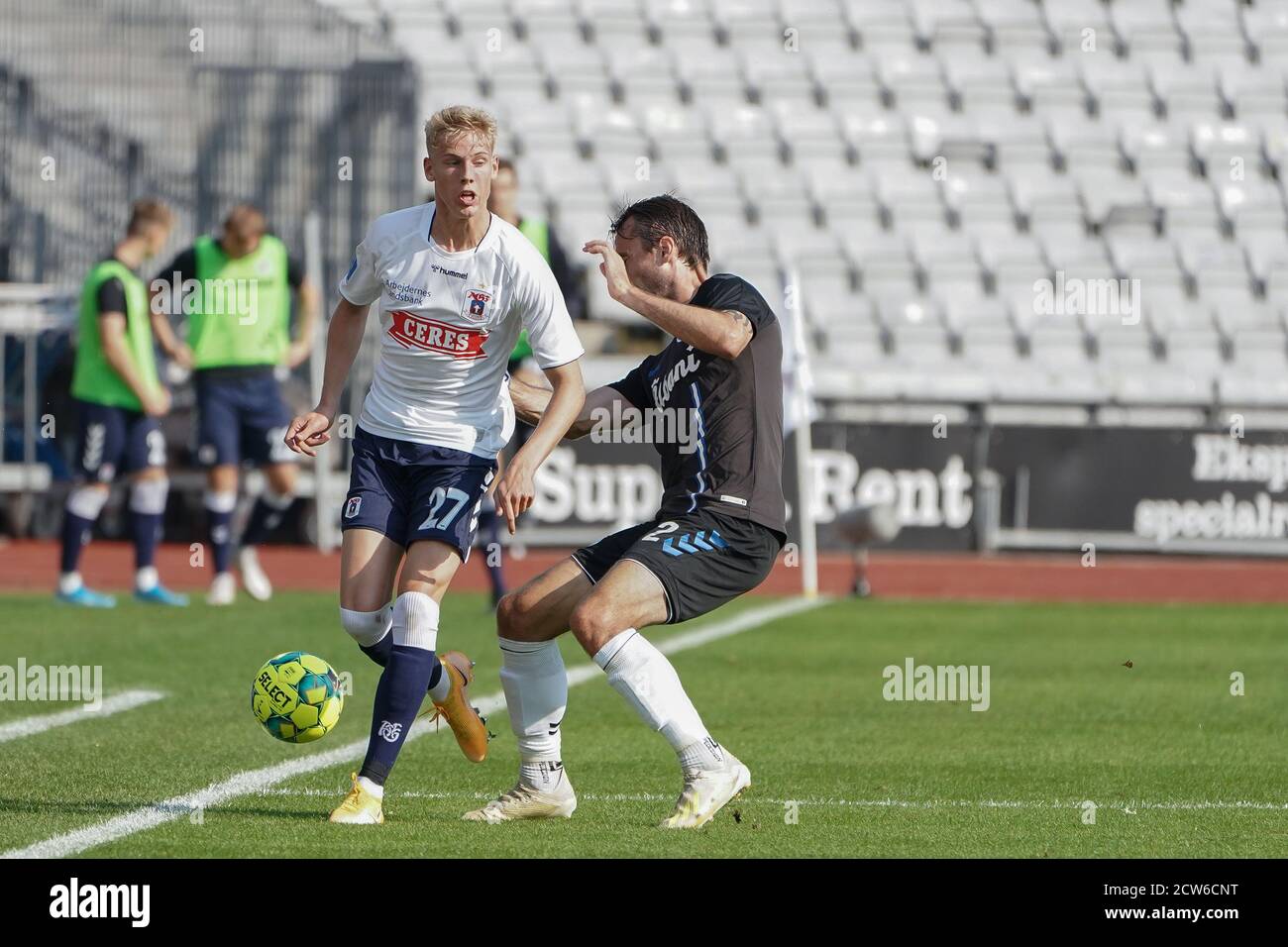Aarhus, Denmark. 27th Sep, 2020. Albert Groenbaek (27) of AGF and Oliver Lund (2) of OB seen during the 3F Superliga match between Aarhus GF and Odense Boldklub at Ceres Park in Aarhus. (Photo Credit: Gonzales Photo/Alamy Live News Stock Photo