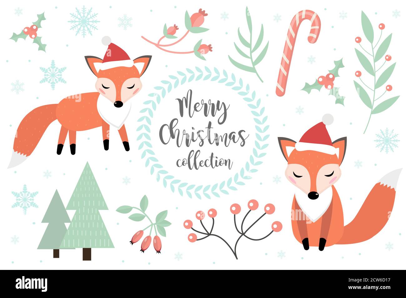 Cute fox in the winter forest set of objects. Collection of design elements with a little foxy in a hat of Santa Claus, snowflakes and a Christmas Stock Vector