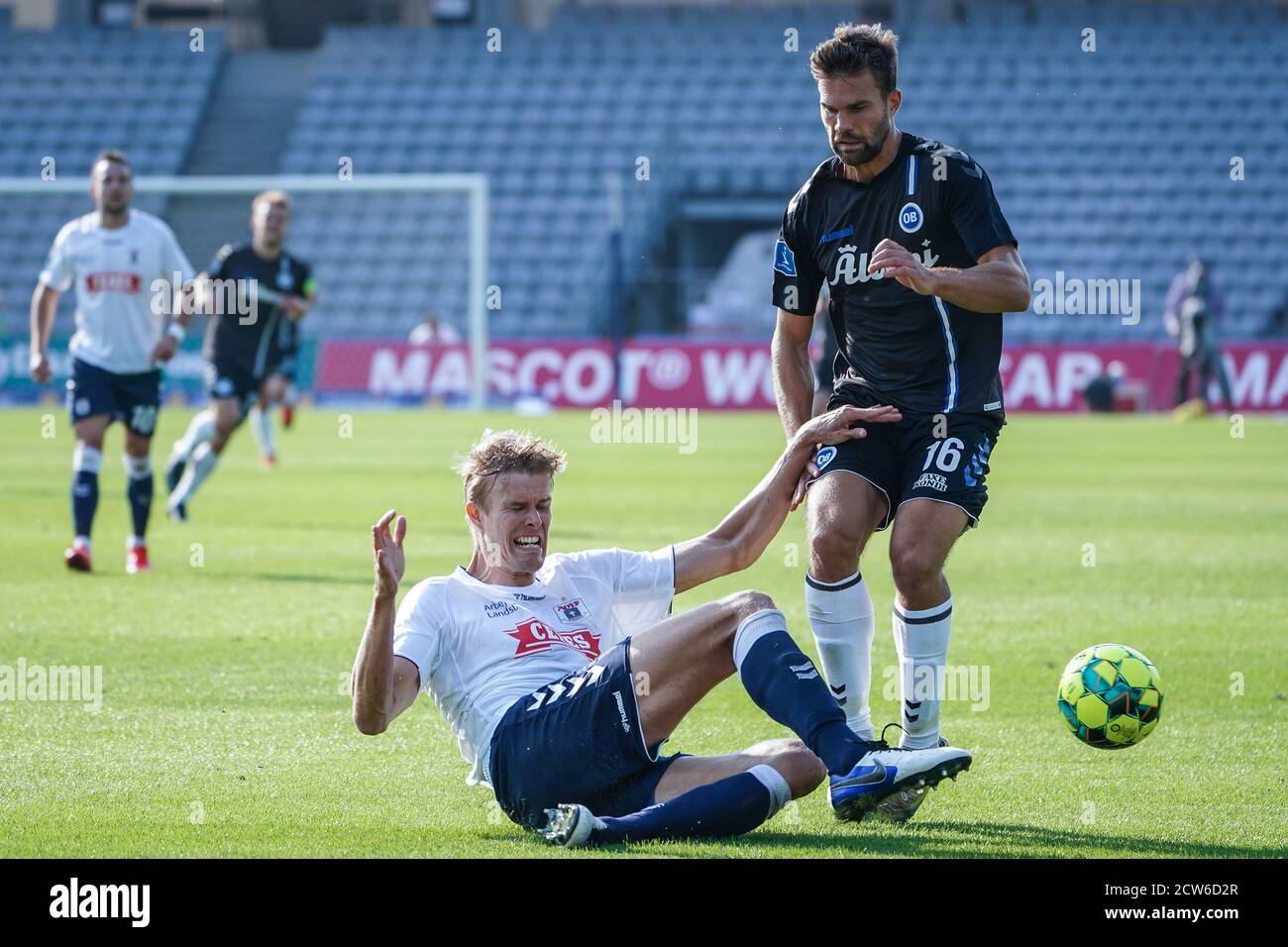 Aarhus, Denmark. 27th Sep, 2020. Frederik Tingager (5) of AGF and Jorgen  Skjelvik (16) of OB seen during the 3F Superliga match between Aarhus GF  and Odense Boldklub at Ceres Park in