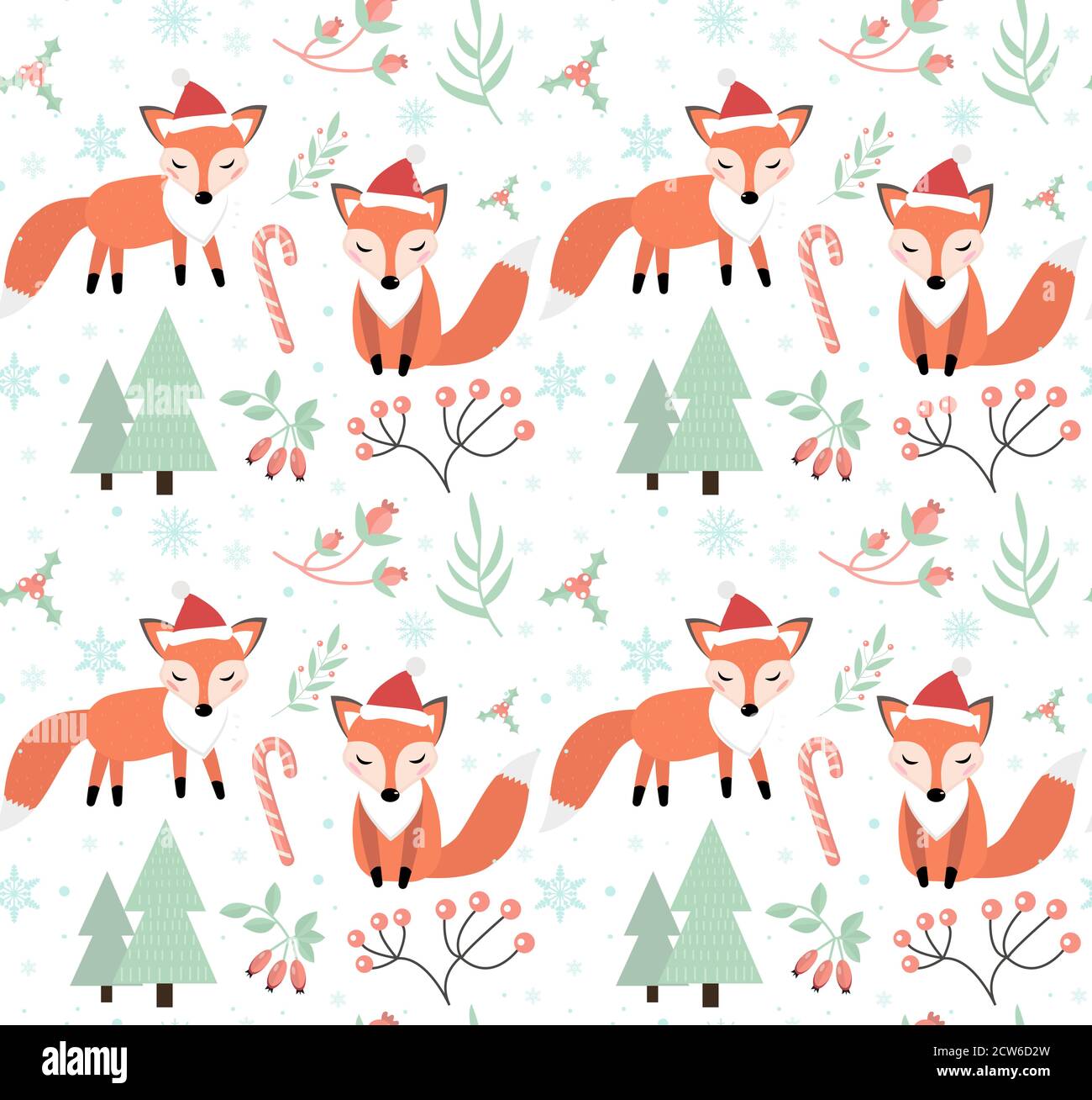 Cute foxes in the winter forest seamless pattern. little fox in a hat of Santa Claus, snowflakes and a Christmas tree endless texture. Merry christmas Stock Vector