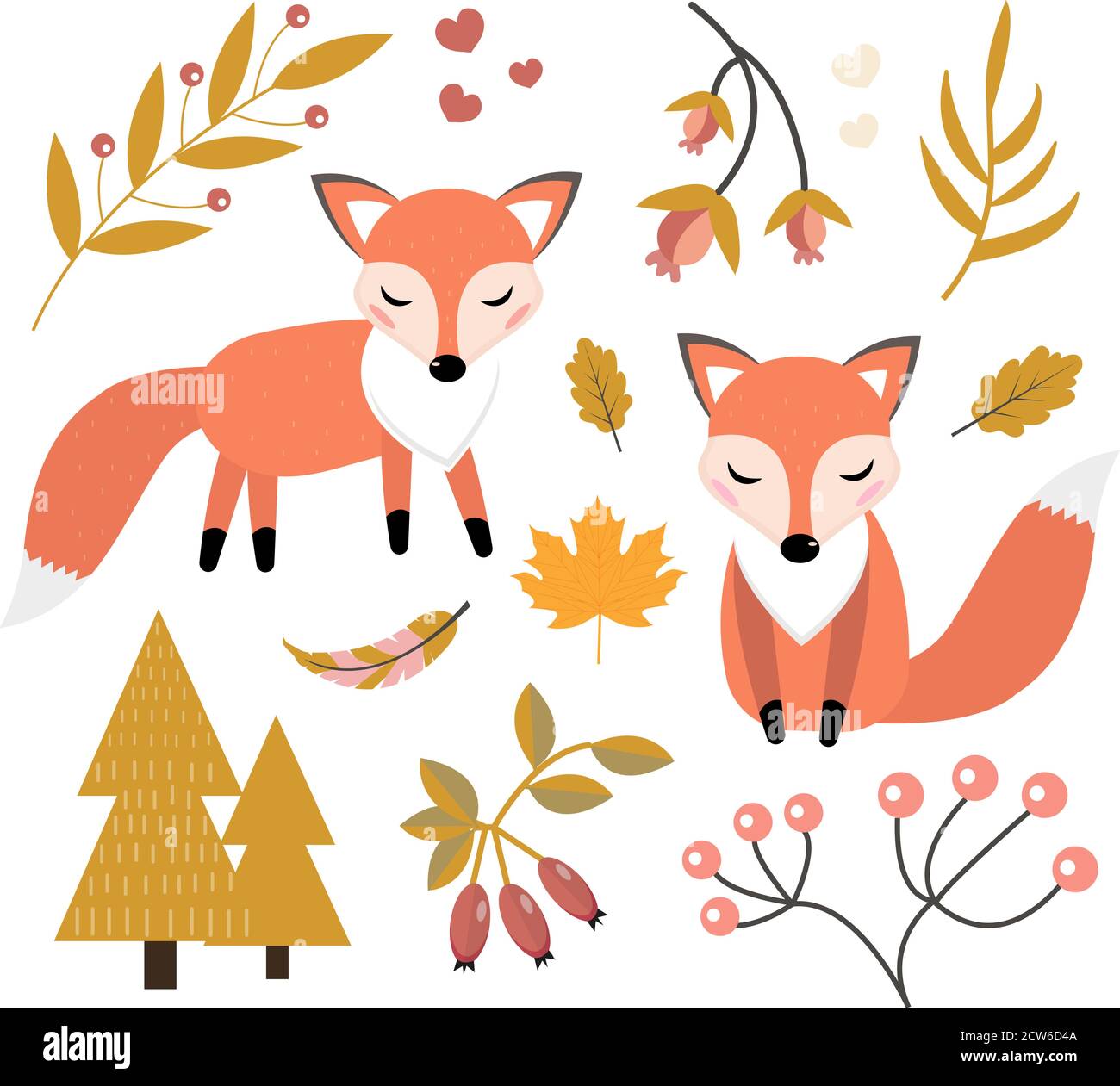 Cute fox in the autumn forest set of objects. Collection of design ...