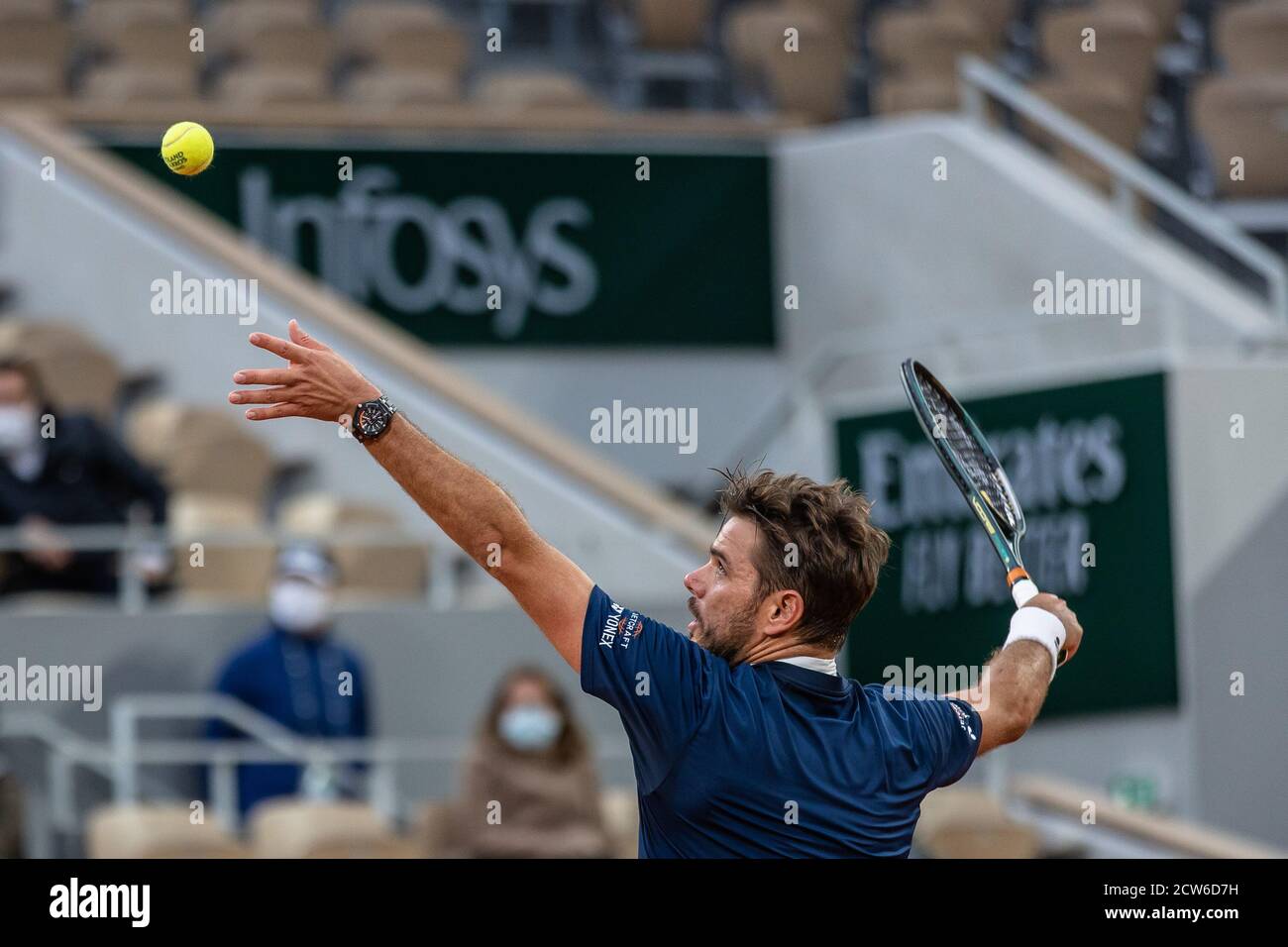 Paris, France. 27th Sep, 2020. Stan Wawrinka of Switzerland serves during  the men's singles first round match between Andy Murray of Britain and Stan  Wawrinka of Switzerland at French Open tennis tournament
