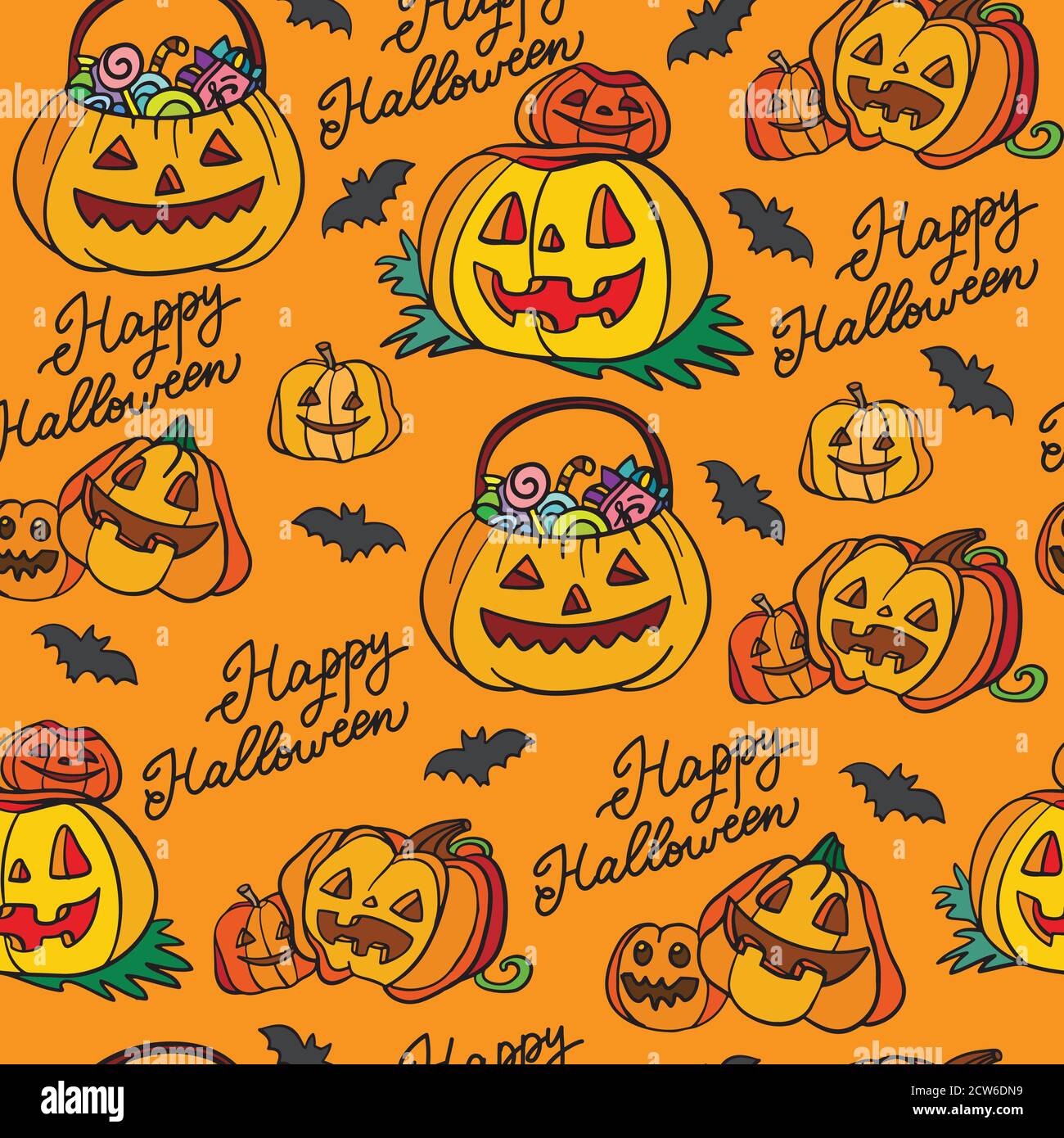 Seamless pattern Halloween pumpkins on orange background Stock Vector