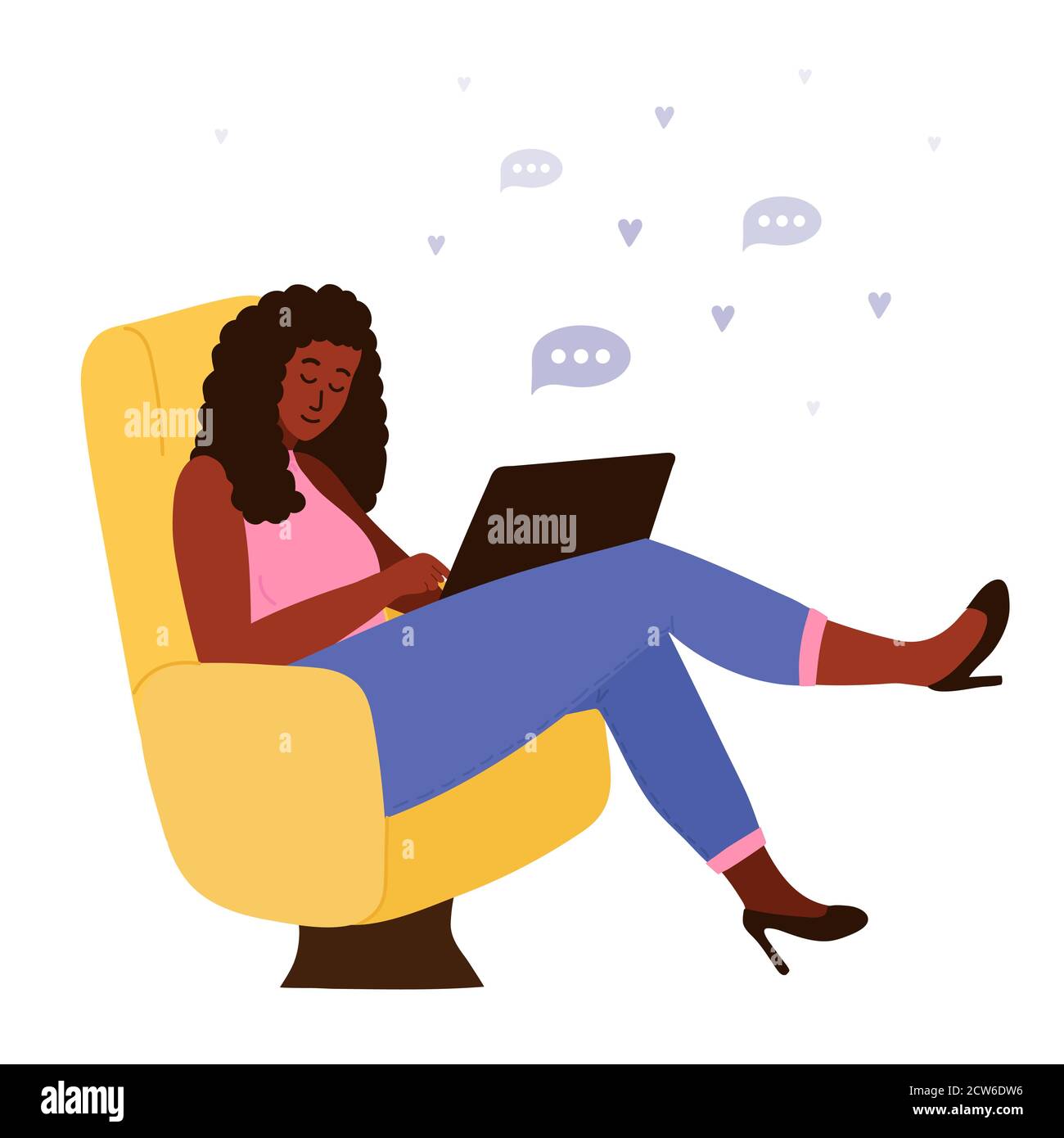 black african woman sits in soft chair and works with laptop. Concept of  online courses, e-learning, taking lesson, remote work. Blogging. Cartoon  Stock Vector Image & Art - Alamy