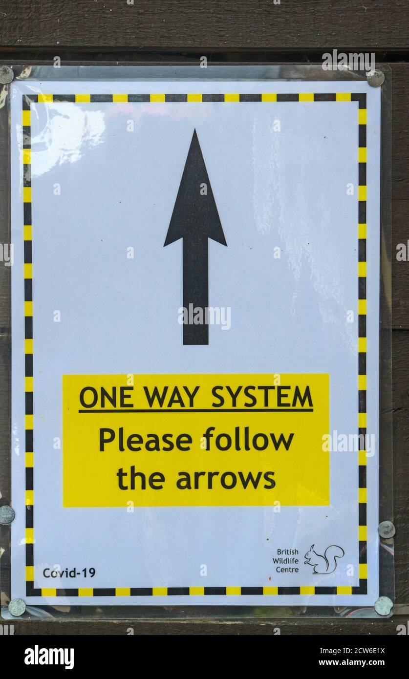 Covid 19 Arrow one way system Sign Stock Photo