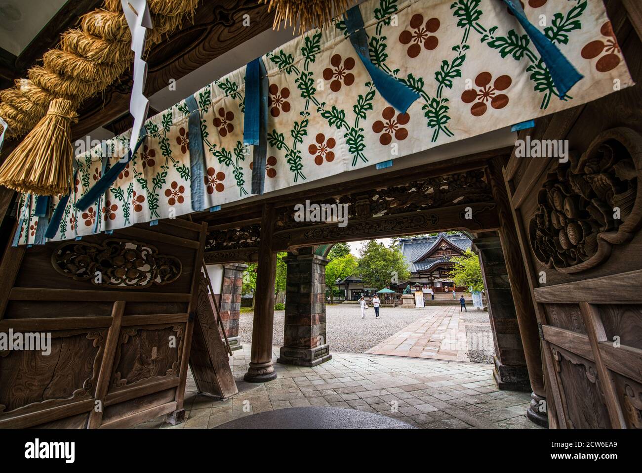 The main gate of Oyama Shrine has an eclectic mix of architectural styles Stock Photo