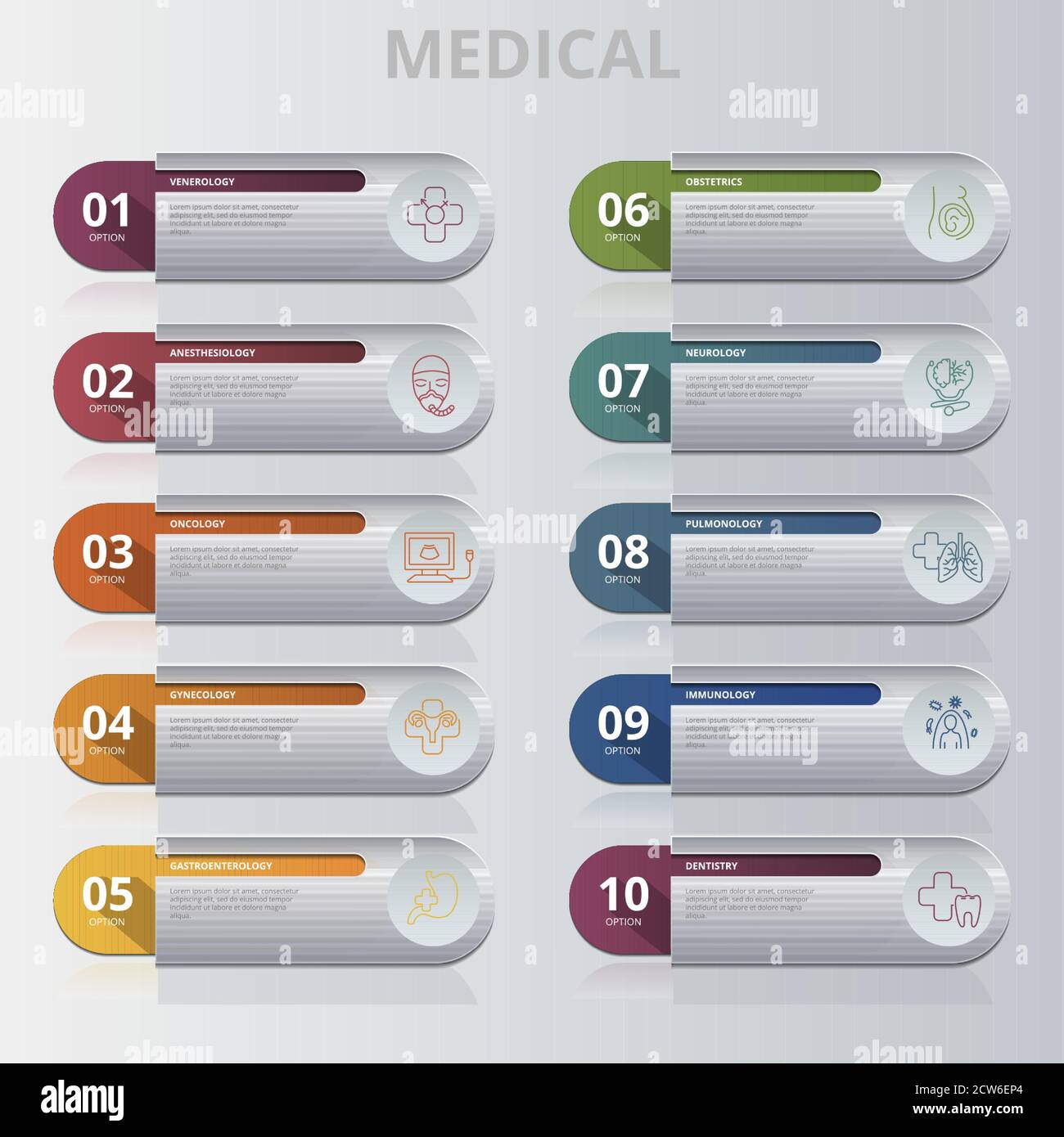 Infographic Medical template. Icons in different colors. Include ...