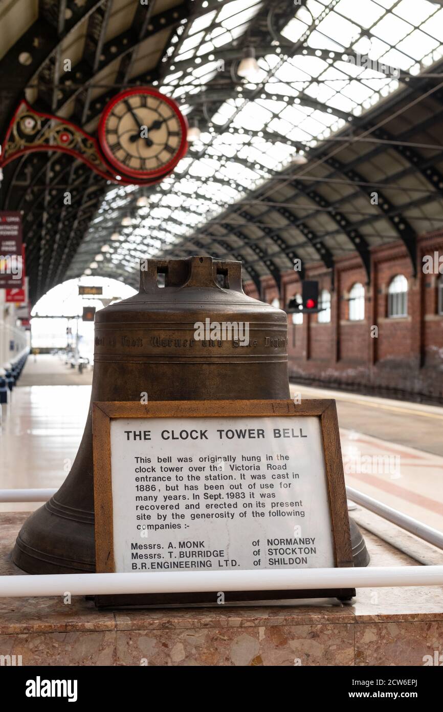 Darlington Railway Station Clock Tower Bell, platform 4, Darlington, County Durham, England, UK Stock Photo