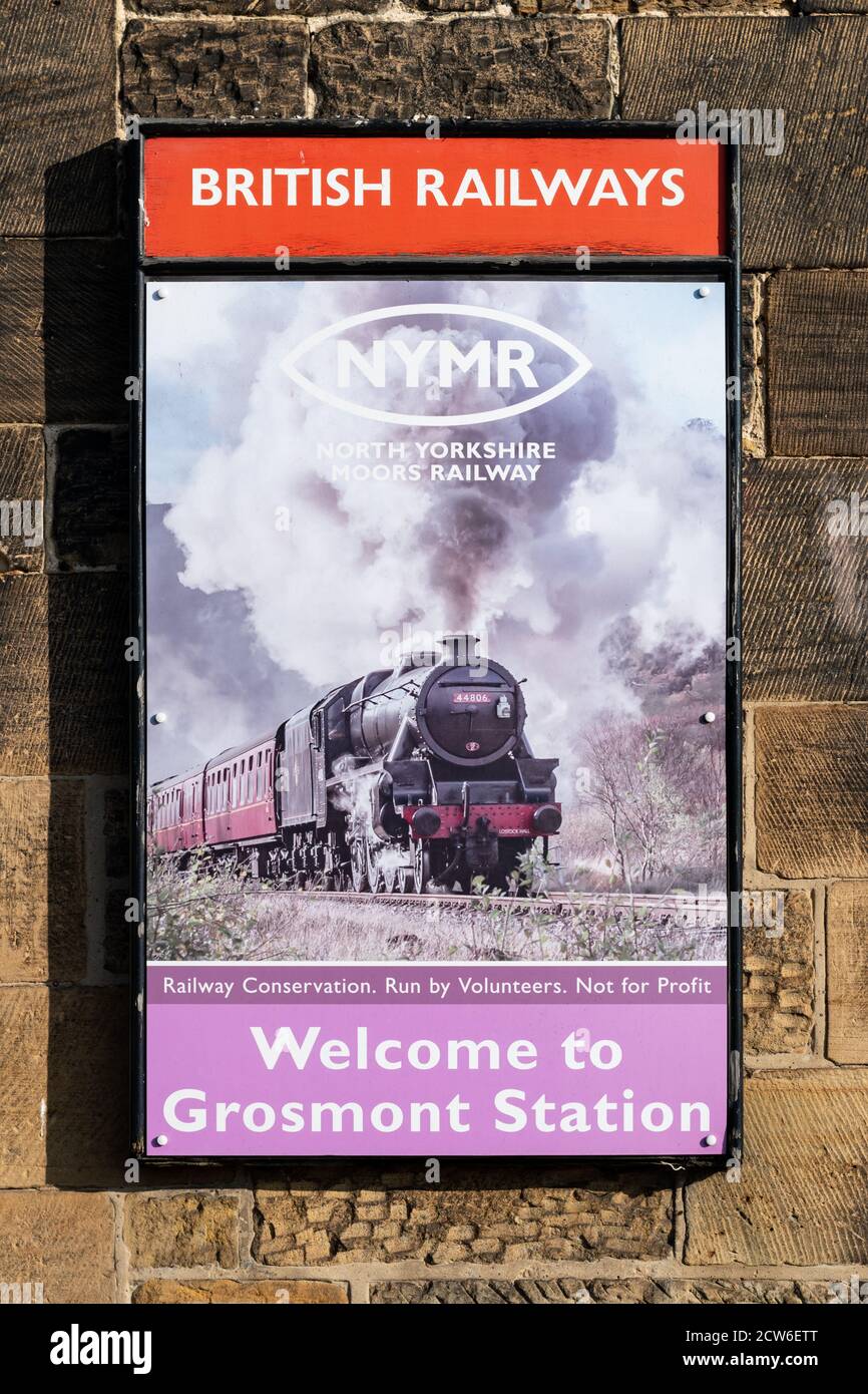 Welcome to Grosmont Station British Railways North Yorkshire Moors Railway poster sign, Grosmont, North Yorkshire, England, UK Stock Photo