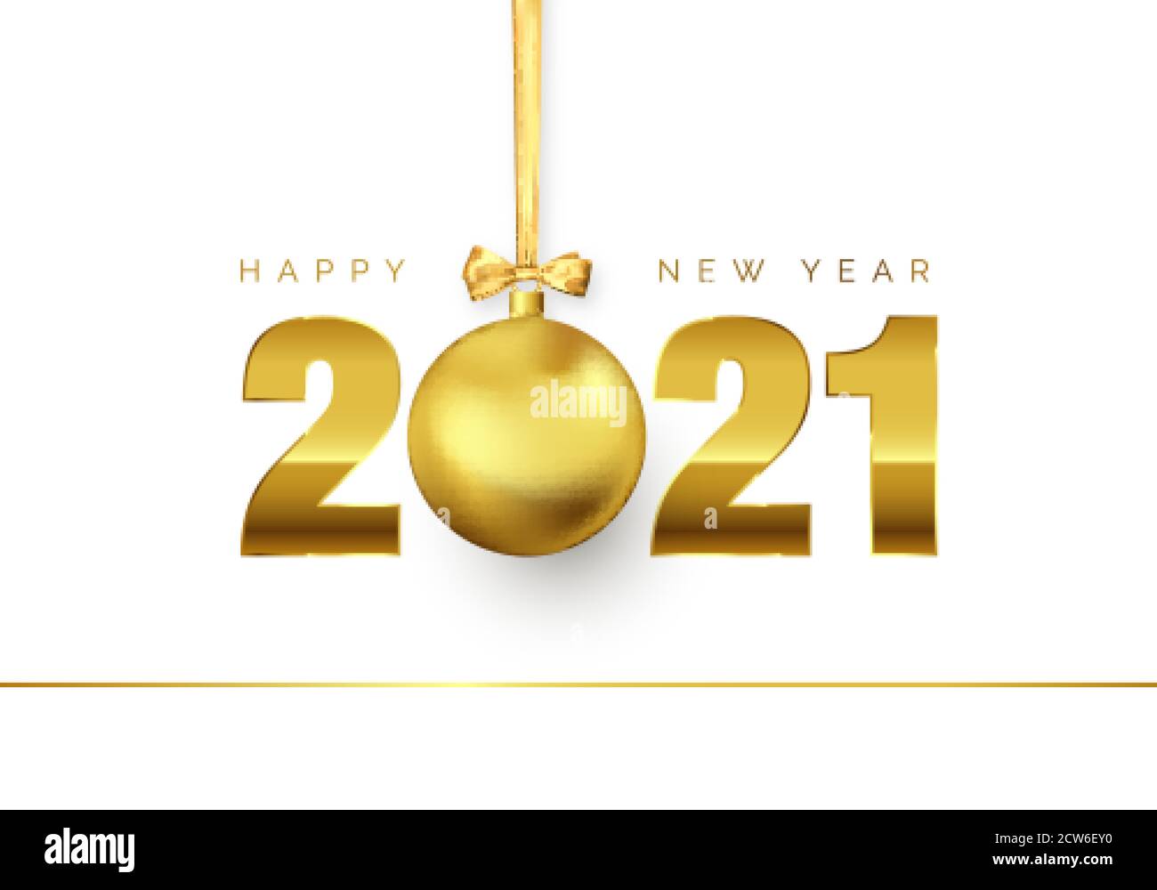 New Year Poster with Greeting Text. Golden Christmas Ball instead of zero in 2021. Holiday Decoration Element for Banner or Invitation. Vector illustr Stock Vector