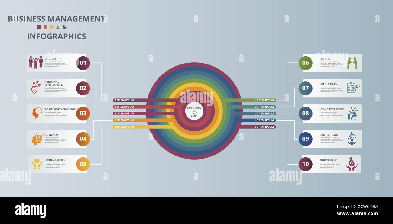 Infographic Business Management template. Icons in different colors ...