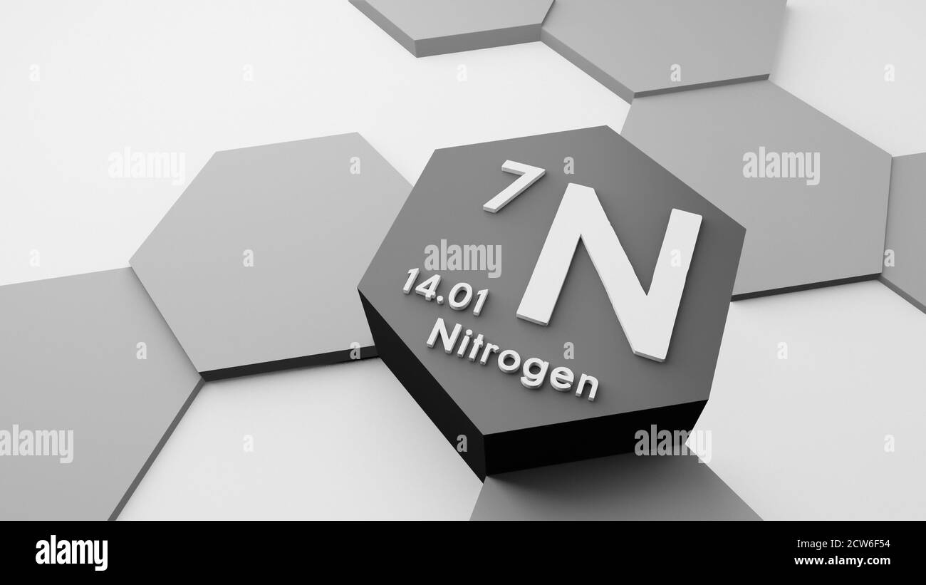 Nitrogen N, chemical element from the periodic table, science or scientific symbol, 3d illustration, conceptual research or education, atomic weight Stock Photo