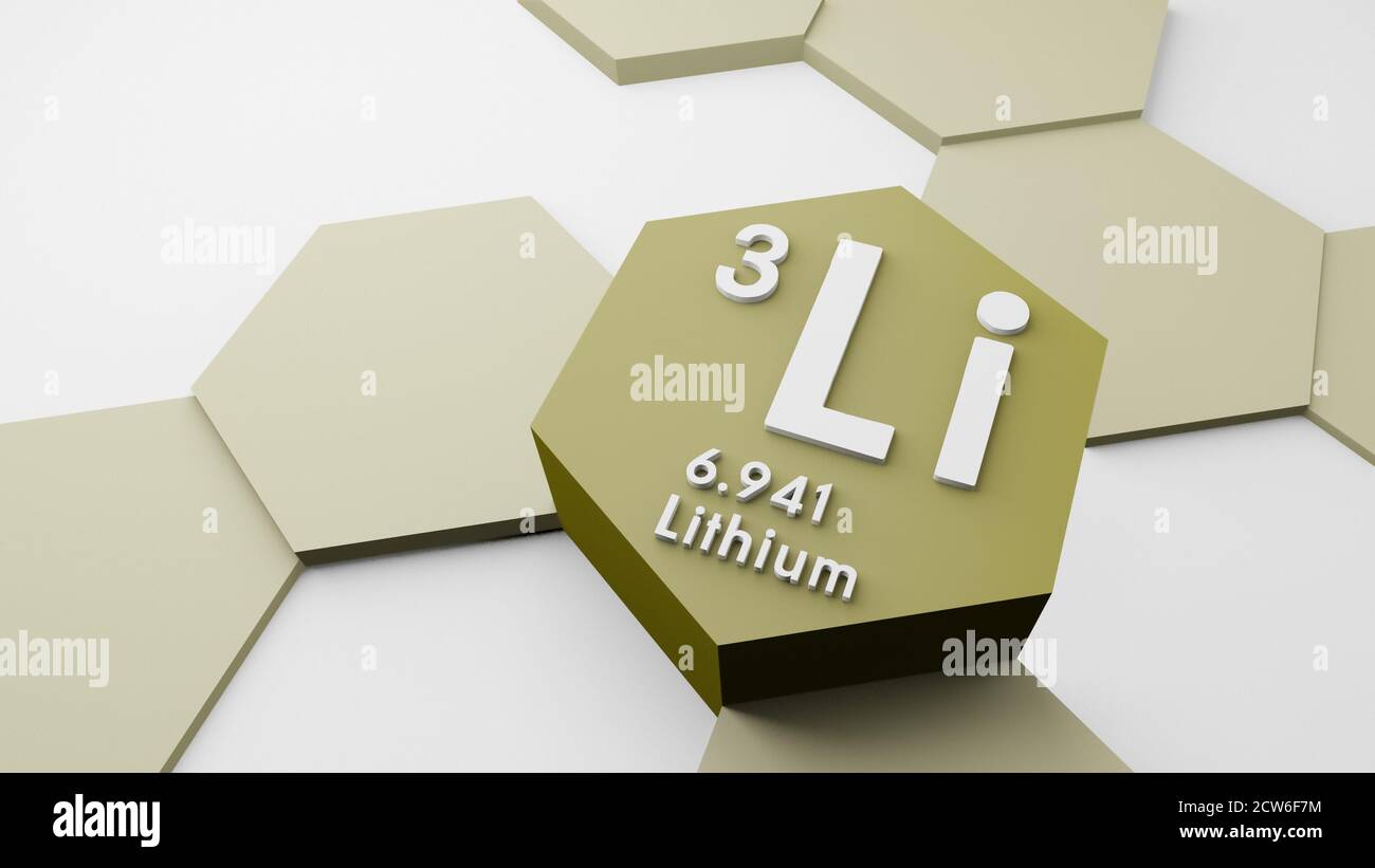 Lithium Li, chemical element from the periodic table, science or scientific symbol, 3d illustration, conceptual research or education, atomic weight Stock Photo