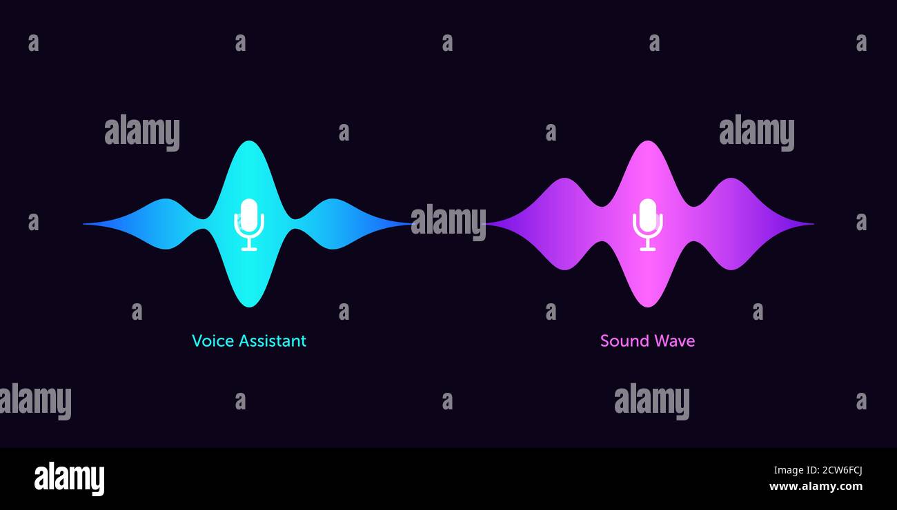 Wave shape with microphone for voice assistant. Abstract sound wave, voice recognition and command, audio waveform of smart assistant. Vector element Stock Vector