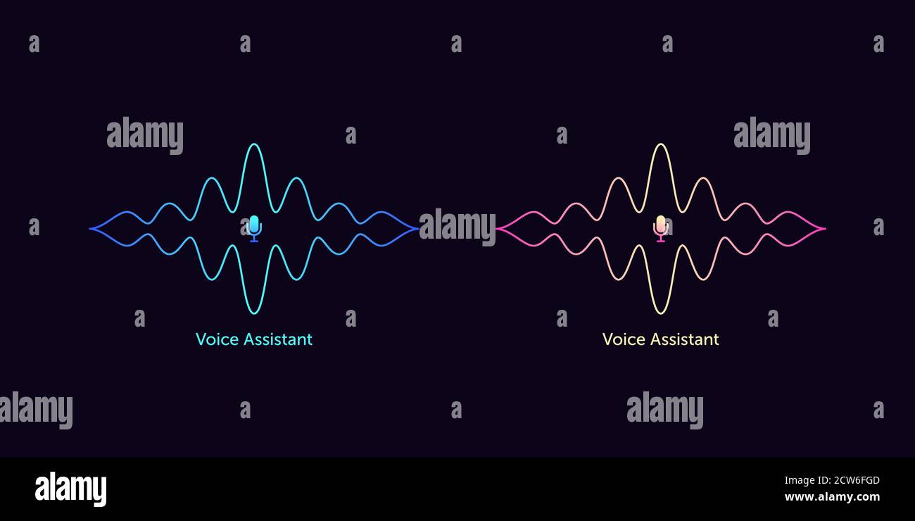 Outlined sound wave shape with microphone for voice recognition. Abstract audio wave silhouette, voice command control, line acoustic waveform. Vector Stock Vector