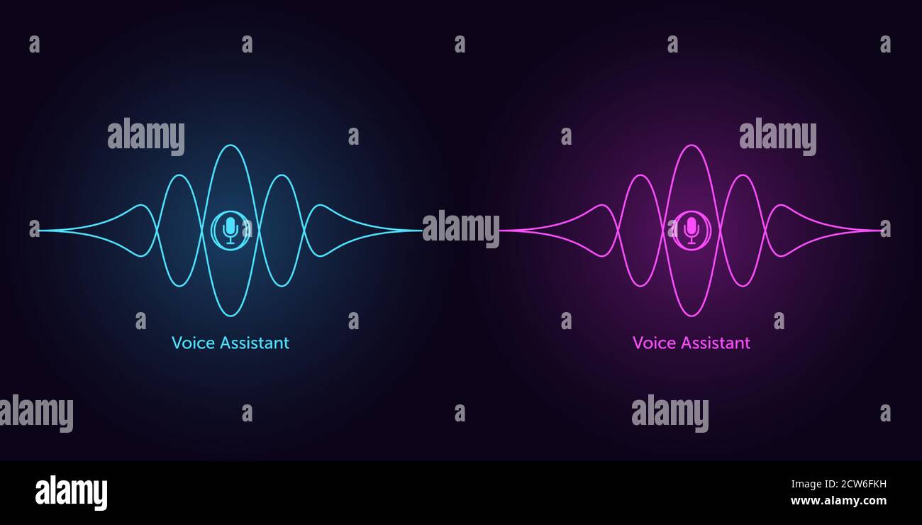 Sound wave shape with microphone for virtual voice assistant. Abstract audio wave, voice search and control, acoustic line waveform. Vector element fo Stock Vector
