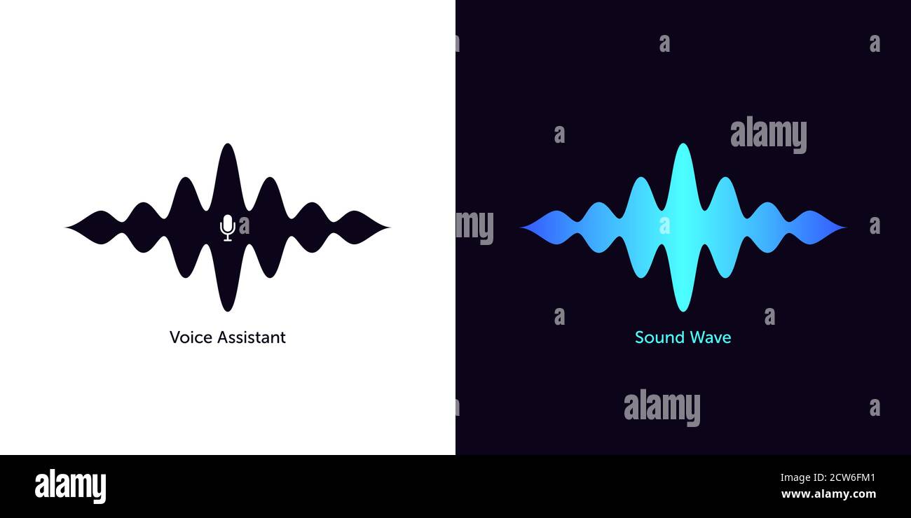 Sound wave shape with microphone for virtual voice assistant. Abstract audio wave, voice command control, acoustic waveform with gradient. Vector elem Stock Vector