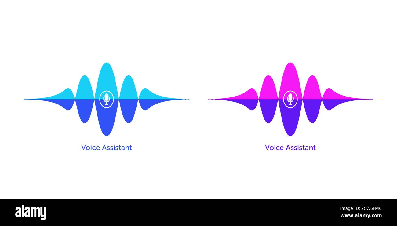 Sound wave shape with microphone for virtual voice assistant. Abstract audio wave, voice search and control, acoustic waveform. Vector element for voi Stock Vector