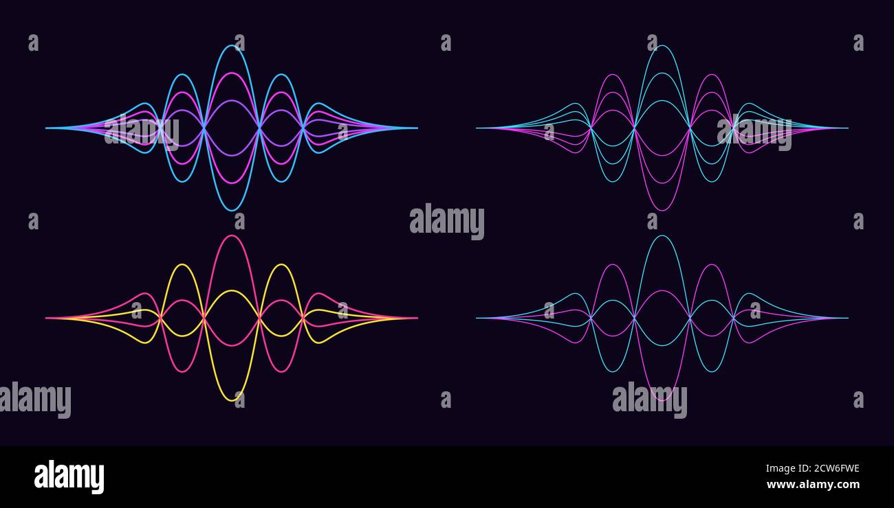 Sound wave shape. Set of abstract audio wave, acoustic line waveform. Soundwave vibration and wavy equalizer. Isolated vector elements for voice assis Stock Vector