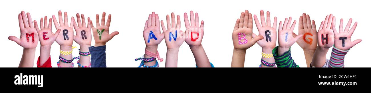 Children Hands Building Word Merry And Bright, Isolated Background Stock Photo