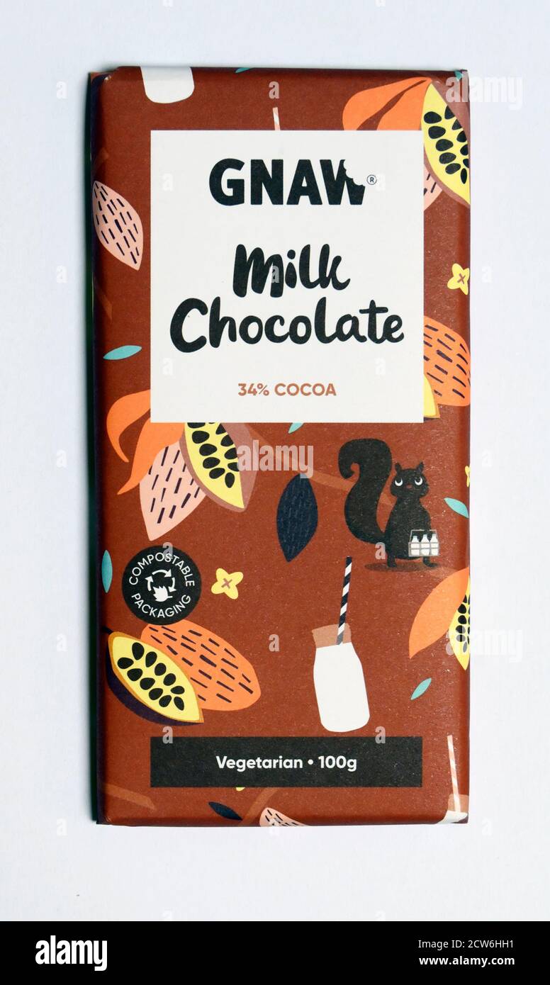 Bar of Gnaw Vegetarian Organic Milk Chocolate. 34% Cocoa. Stock Photo