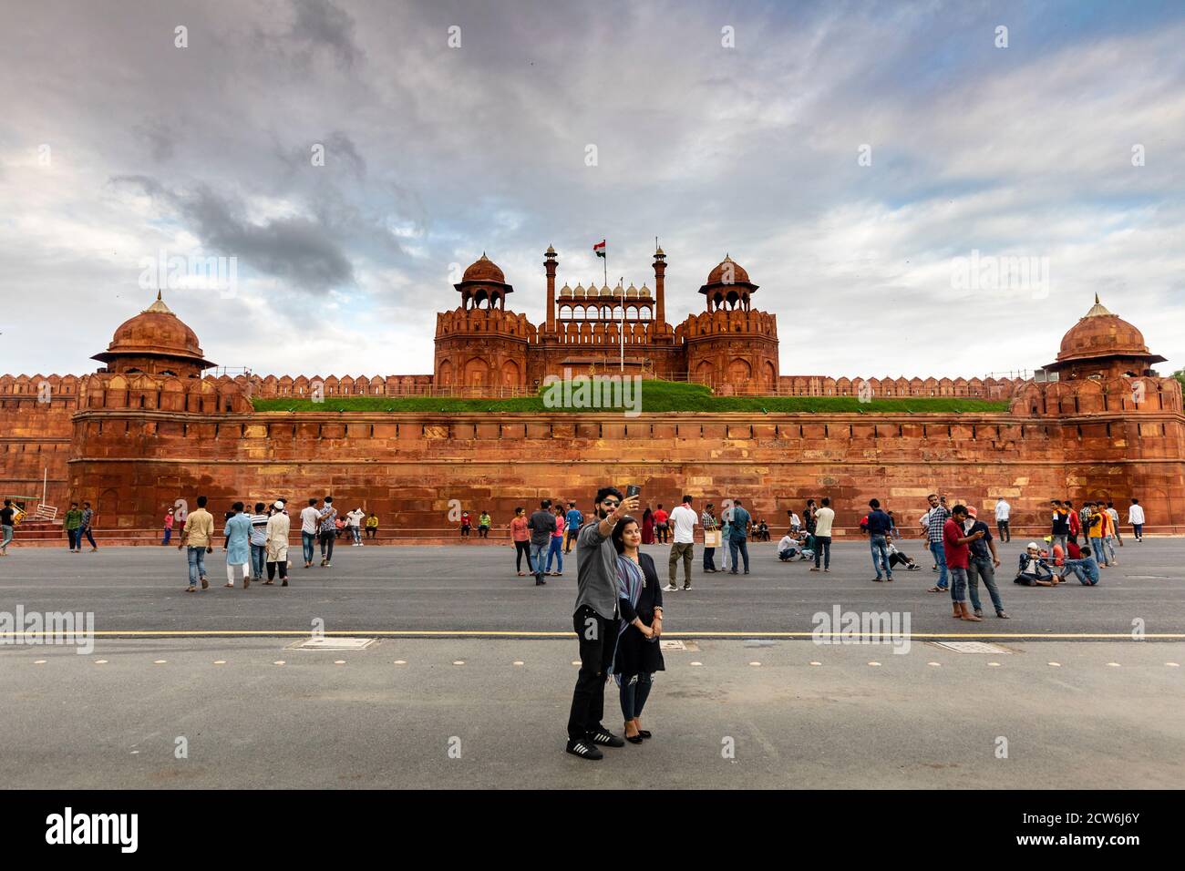 View of the famous Red Fort, also known as Lal Quila, in the historic district of Shahjahanabad in old Delhi. Stock Photo