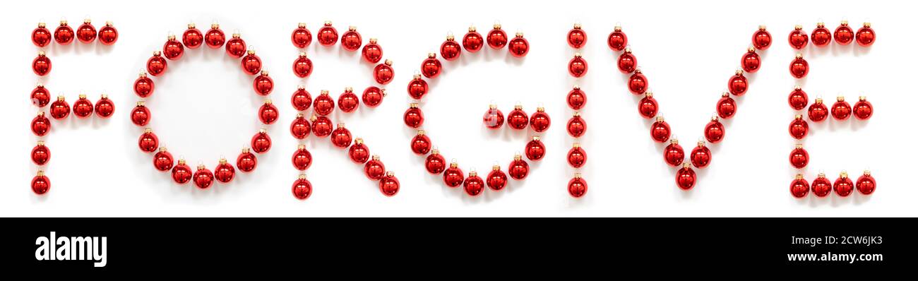 Red Christmas Ball Ornament Building Word Forgive Stock Photo