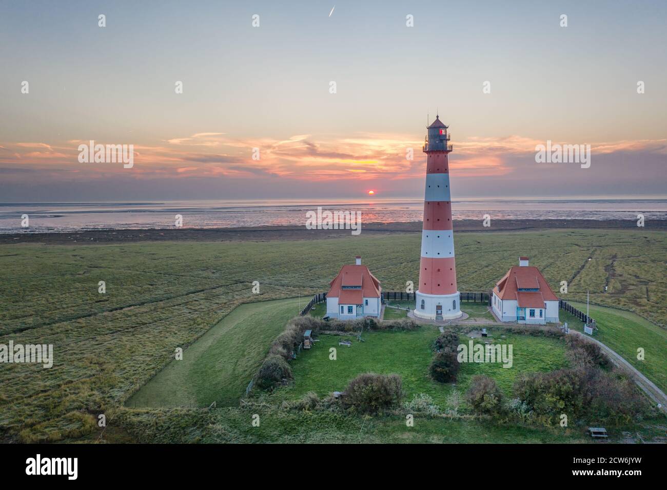 lighthouse Westerheversand in the dusk Stock Photo