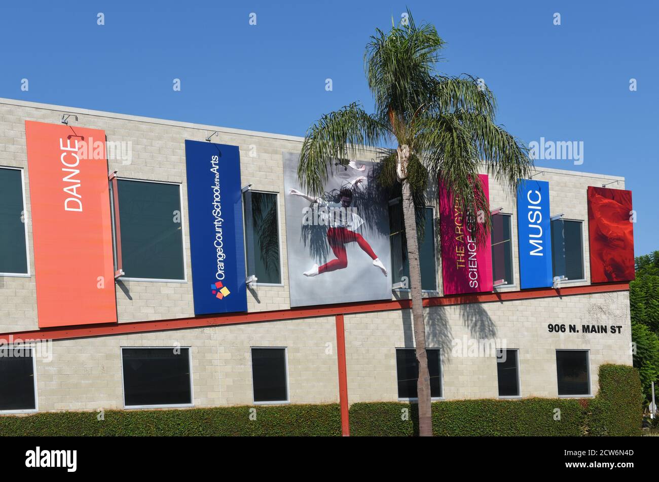 SANTA ANA, CALIFORNIA - 23 SEPT 2020: Banners at the Orange County School of the Arts. A charter school catering to 7th-12th grade students in the per Stock Photo