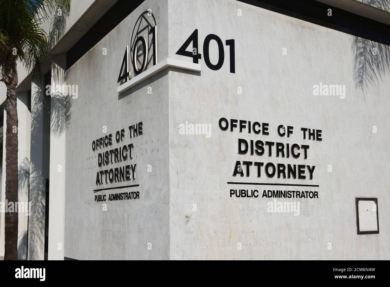 SANTA ANA, CALIFORNIA - 23 SEPT 2020: Sign on the corner of the  Office of the District Attorney, in Santa Ana. Stock Photo