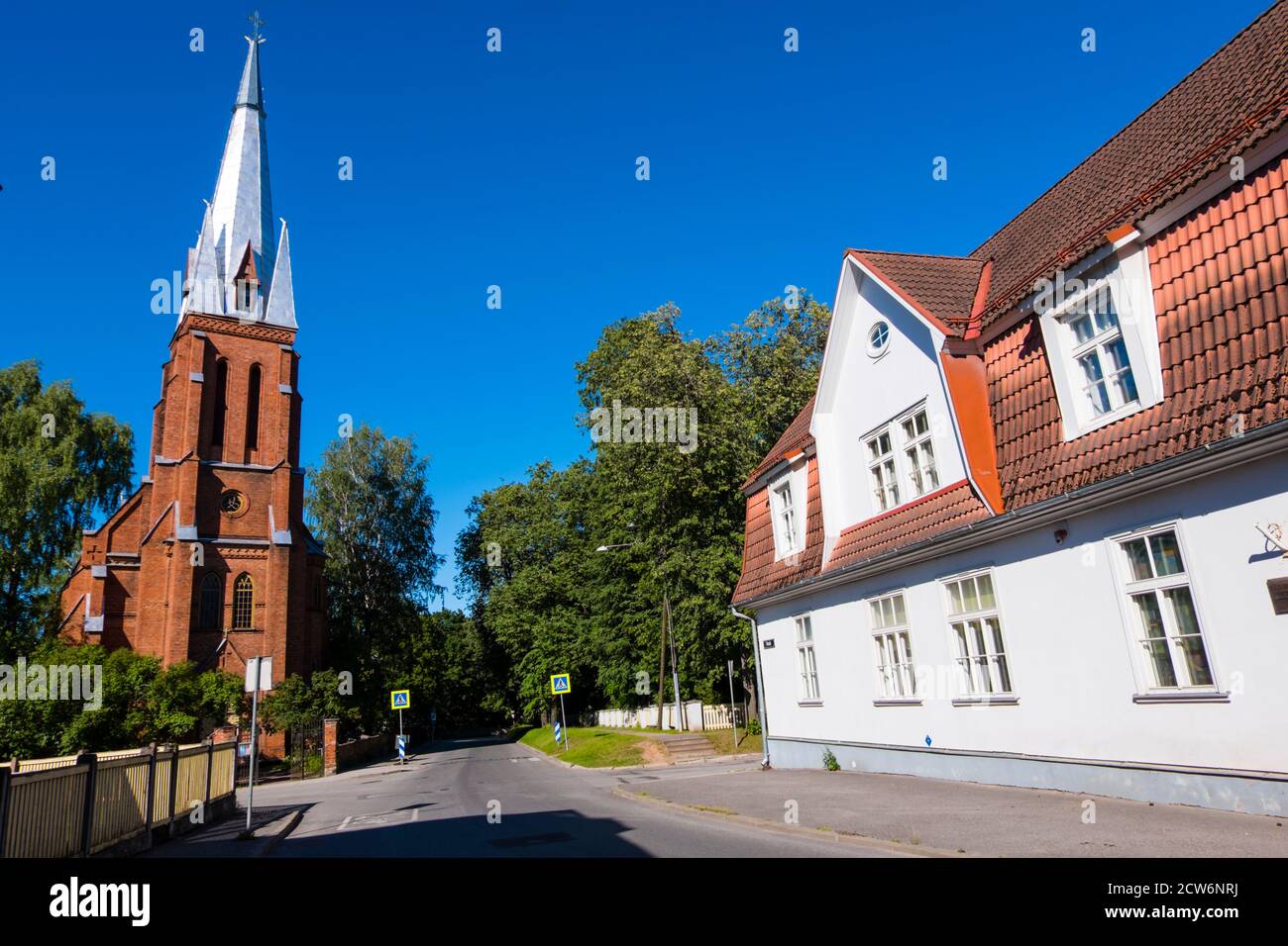 Veski street, with Roman Catholic Church, Tähtvere, Tartu, Estonia Stock Photo