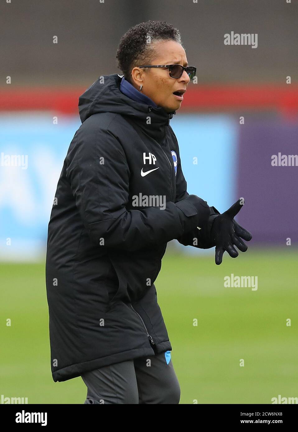 Brighton's Manager Hope Powell during the Vitality Women’s FA Cup quarter-final match between Brighton & Hove Albion Women and Birmingham City Women at the People’s Pension Stadium in Crawley . 27 September 2020 Stock Photo