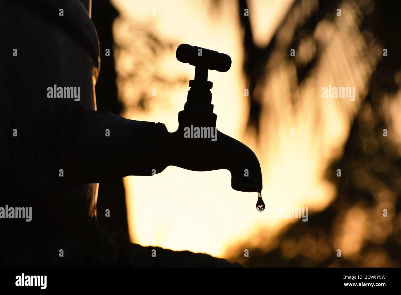 Silhouette of old vintage metal tap leaking last water droplet. alone in outdoor natural environment, golden hour of sunrise, water shortage, crisis Stock Photo