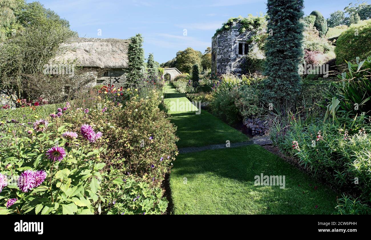 Photo illustration Panoramic view of the walled garden at Garden House on the edge of Dartmoor colourful early autum 2015 Stock Photo