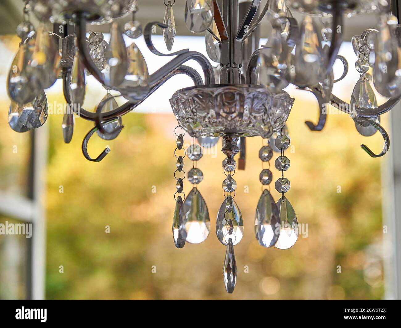 Closeup of a reflecting crystal chandelier. Vintage chandelier Stock