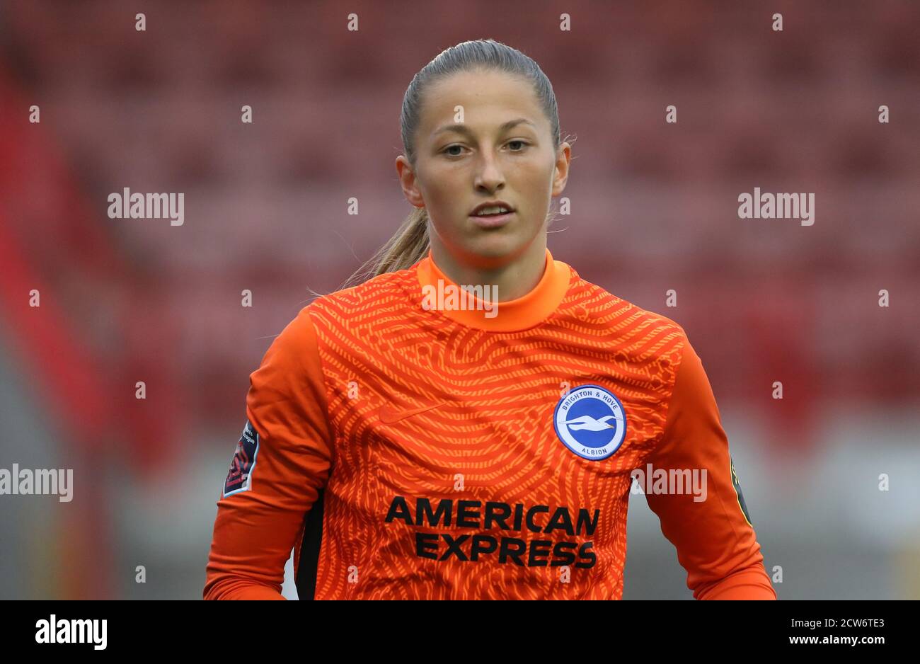 Brighton's goalkeeper Cecilie Fiskerstrand during the Vitality Women’s FA Cup quarter-final match between Brighton & Hove Albion Women and Birmingham City Women at the People’s Pension Stadium in Crawley Stock Photo