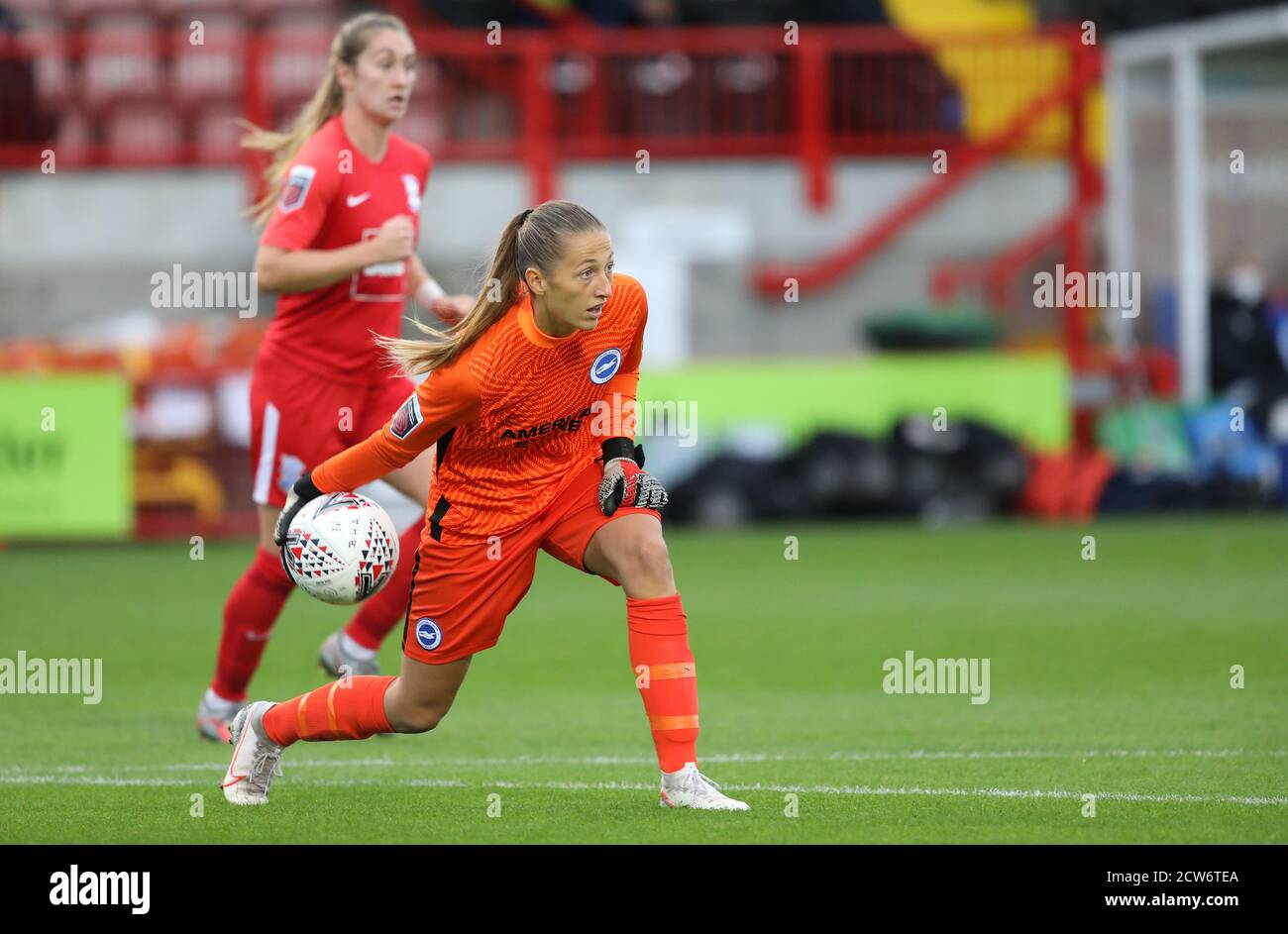 Brighton's Cecilie Fiskerstrand throws the ball out during the Vitality WomenÕs FA Cup quarter-final match between Brighton & Hove Albion Women and Birmingham City Women at the PeopleÕs Pension Stadium in Crawley Stock Photo