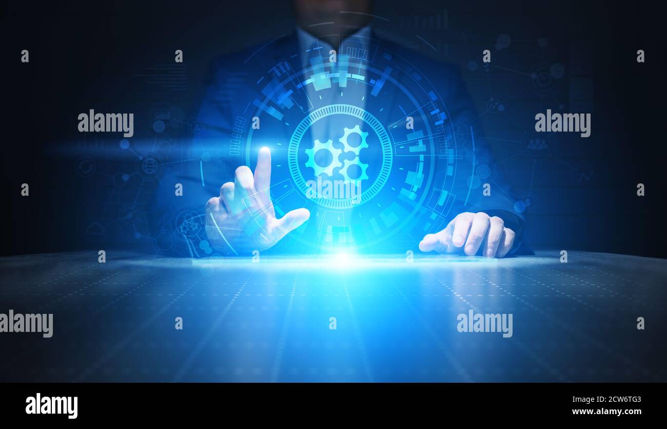 Automation, Business and industrial process workflow optimisation, software development concept on virtual screen Stock Photo