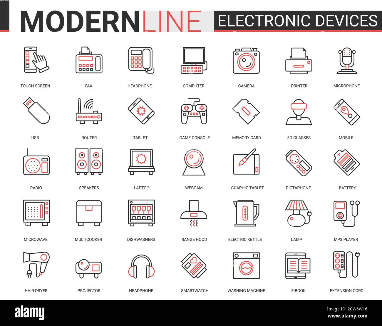 Electronic devices flat icon vector illustration set. Red black thin line computer game accessories and kitchen appliances collection of outline electronically symbols for gadget or kitchenware store Stock Vector
