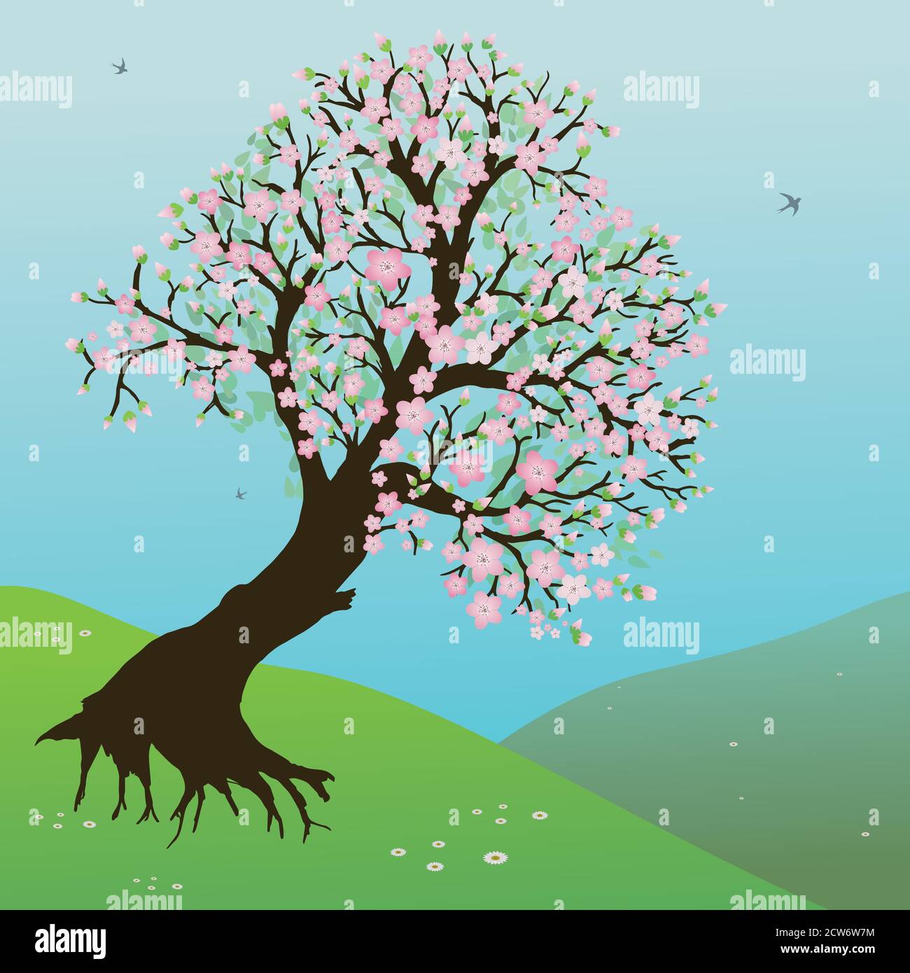 Landscape with hills, grass and  a pretty blossom tree.The sky is blue. In the sky there are birds flying. Stock Vector
