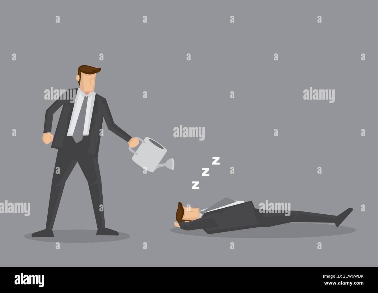 Businessman holding watering can over lazy slacker. Creative vector cartoon illustration on concept of work ethic and laziness, isolated on grey backg Stock Vector