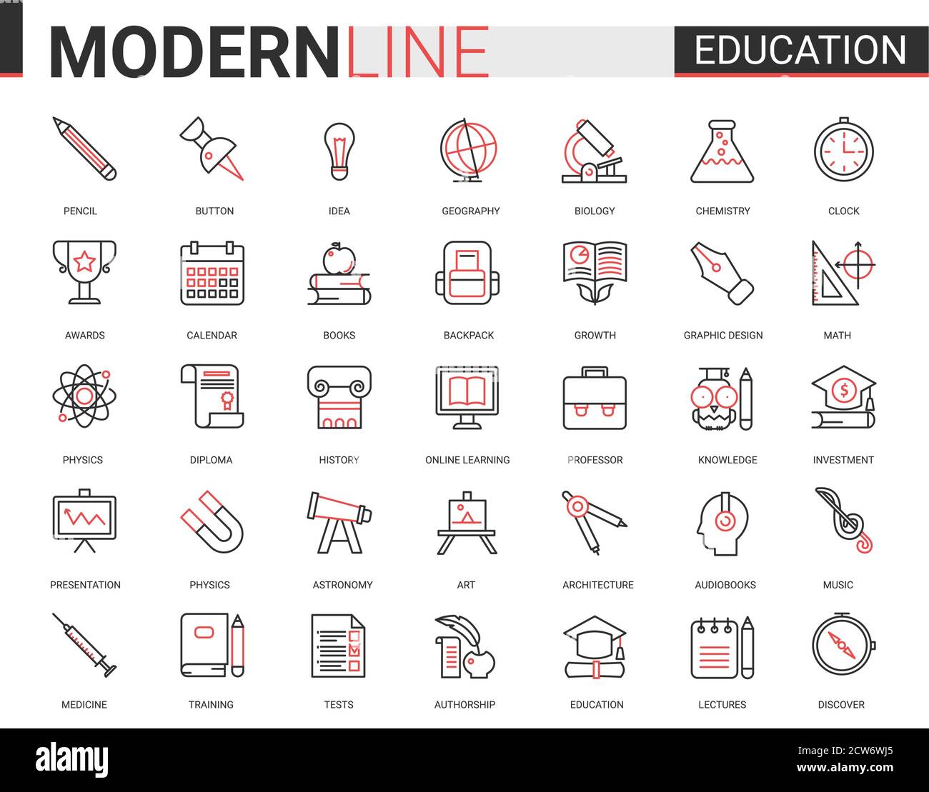 Education flat thin red black line icon vector illustration set with outline infographic school, laboratory or university, educational symbols, lab experiment equipments, school book and stationery Stock Vector