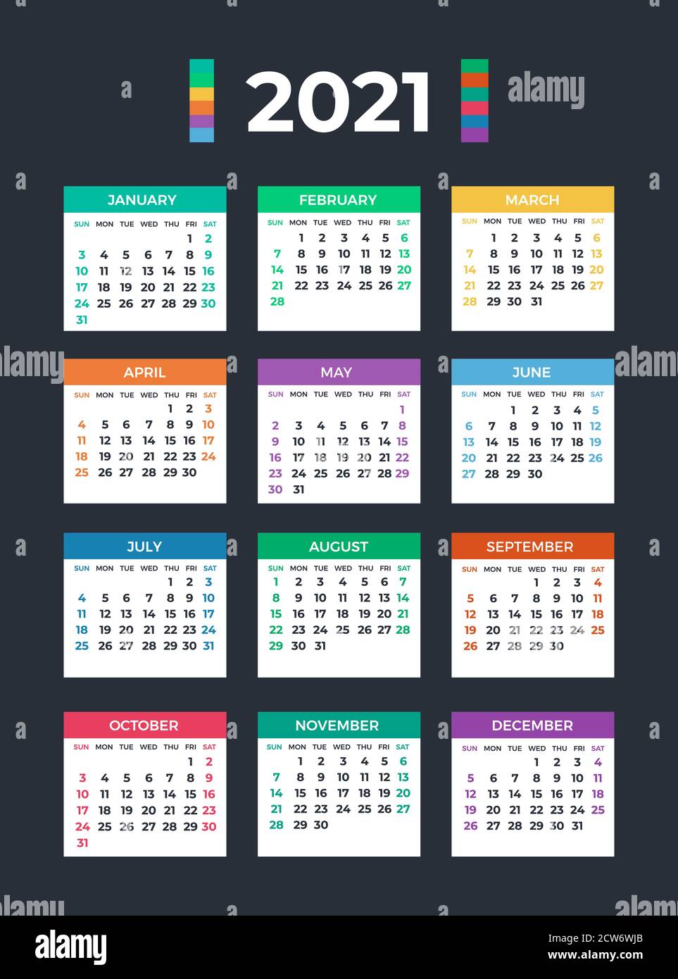 Calendar for 2021 on white background Stock Vector