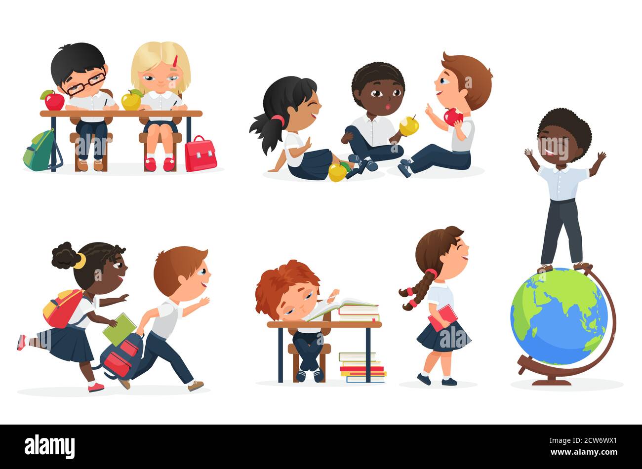 Kids in school vector illustration set. Cartoon flat schooling education collection with happy friends children characters study, read books, have fun together, child doing homework isolated on white Stock Vector